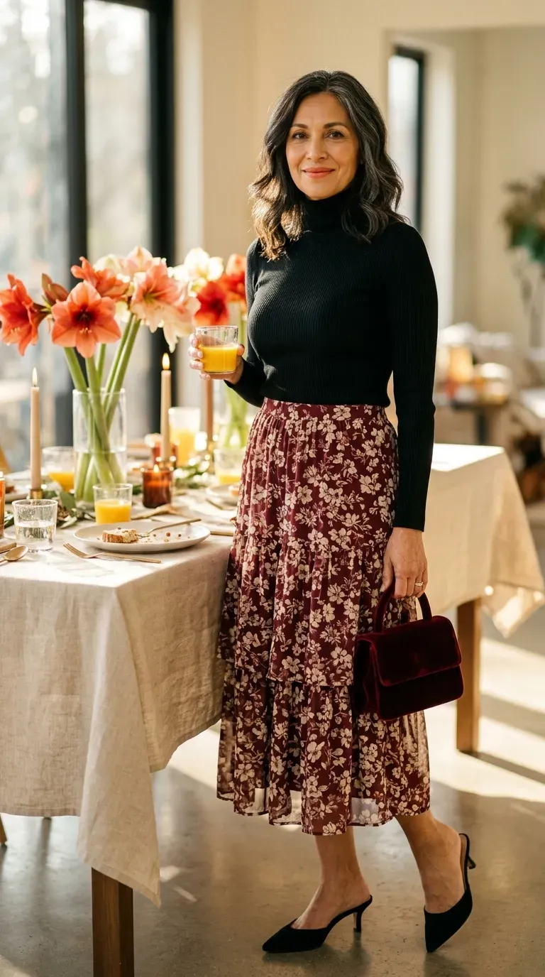 Woman over 50 in tiered floral midi skirt and black turtleneck at a Christmas brunch
