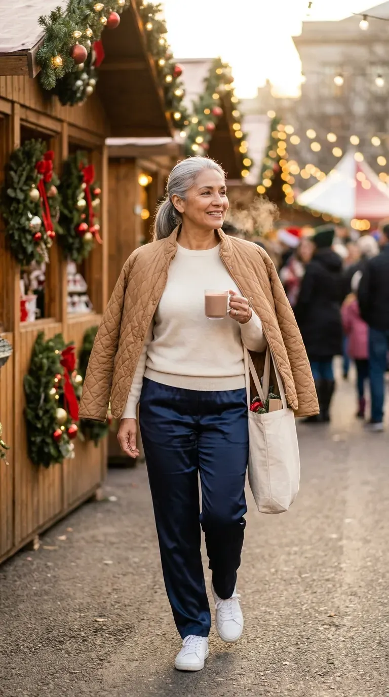 Woman over 50 in navy track pants, cream sweater and white sneakers