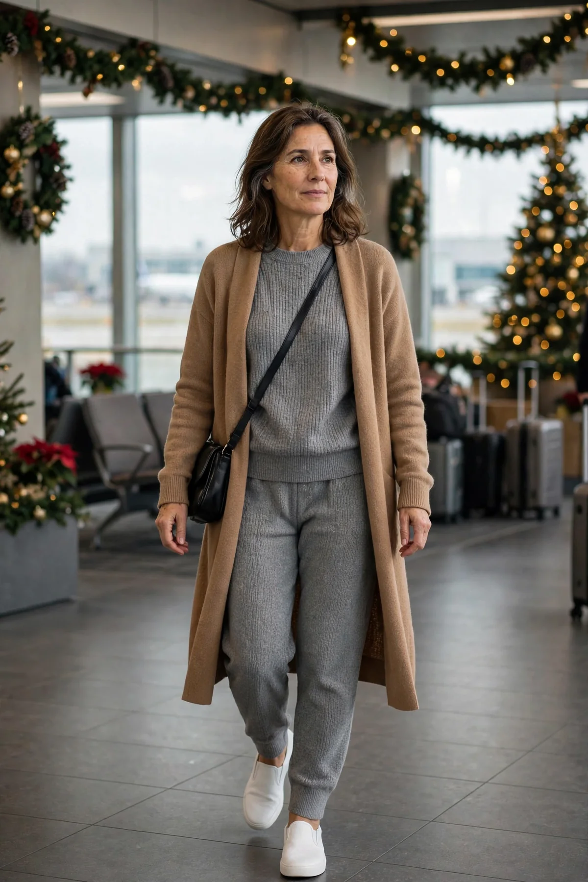 Woman in gray knit set and camel cardigan walking through an airport at Christmas
