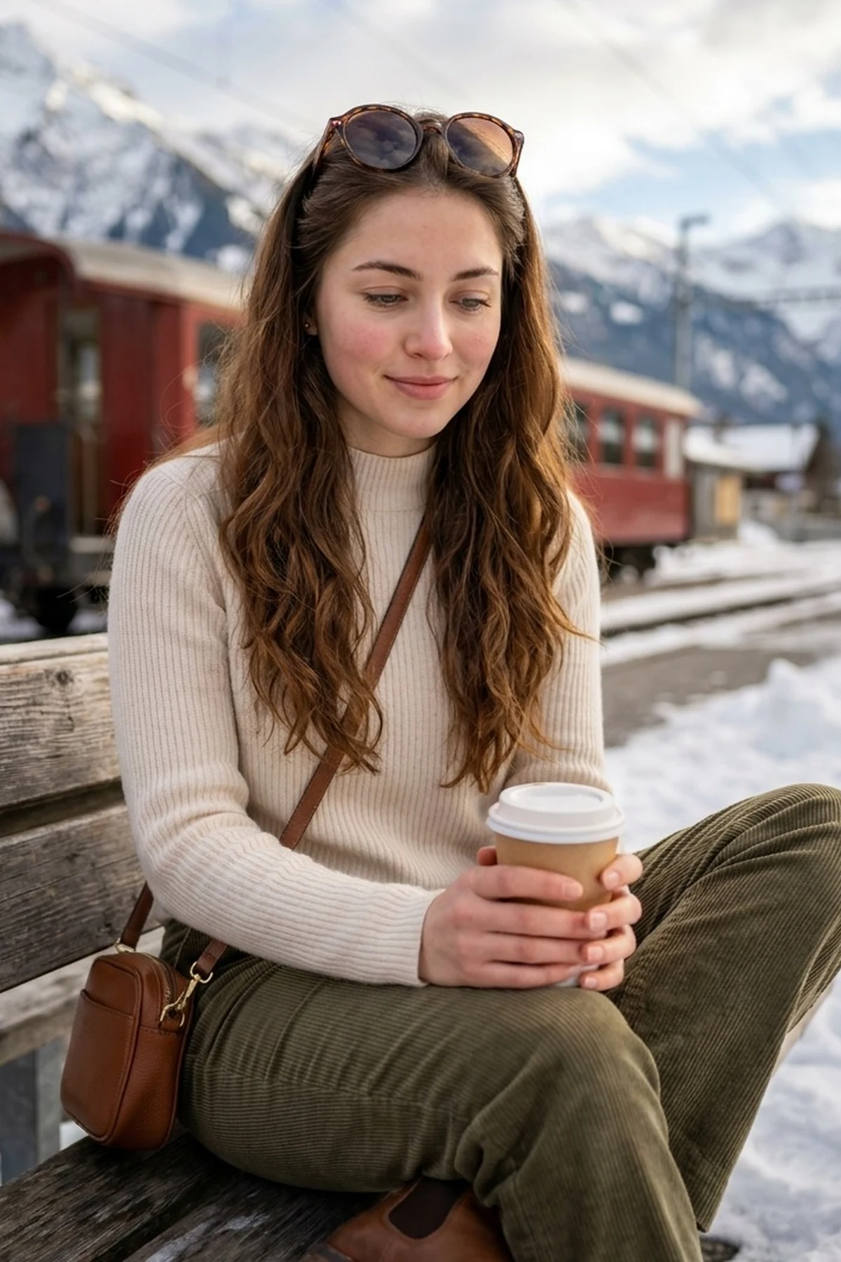 Woman in cream sweater and charcoal joggers waiting on a train platform at Christmas