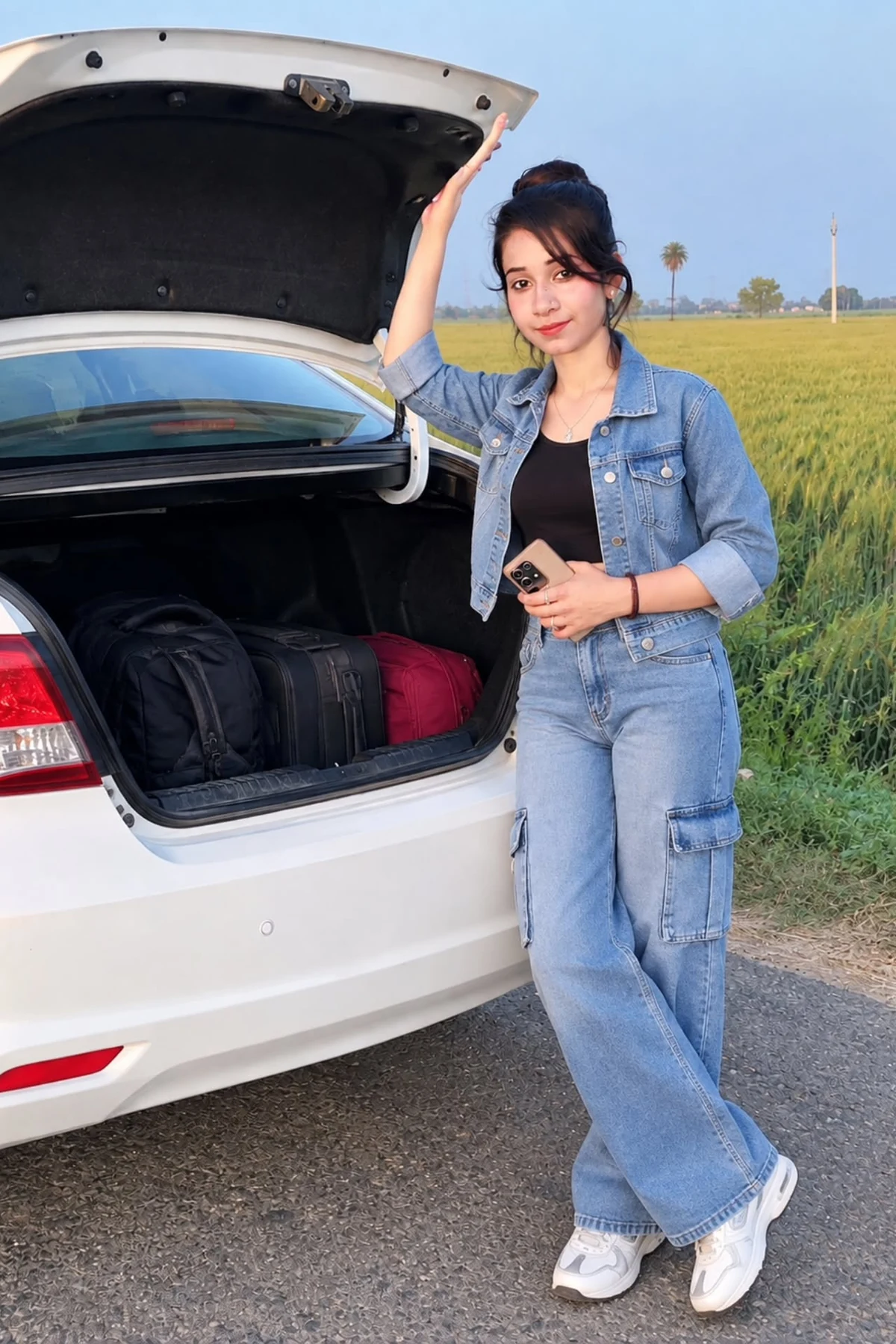 Woman in olive utility jacket, white tee and dark jeans beside a car on a Christmas road trip