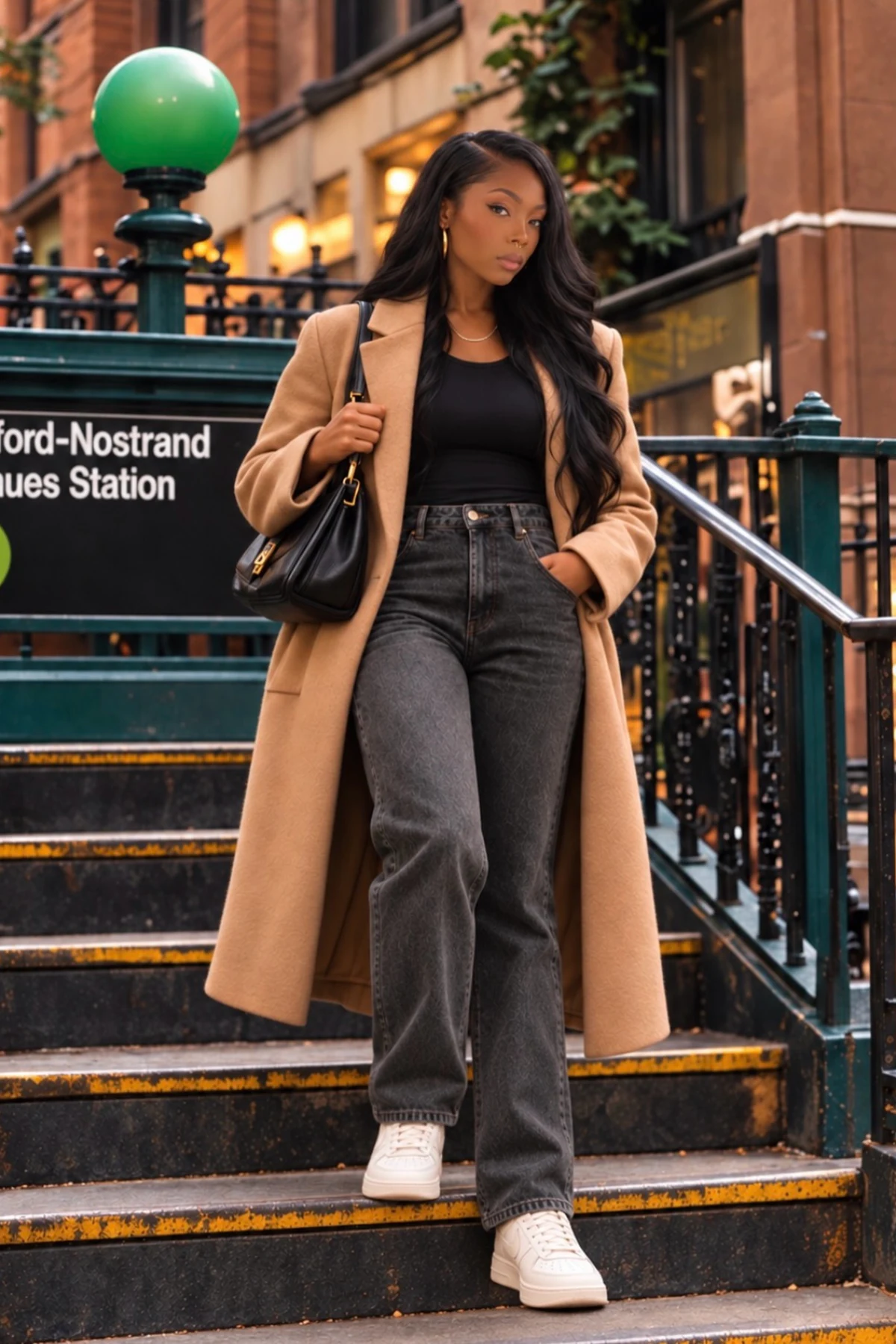 Woman in camel coat, gray turtleneck and straight jeans walking through a train station