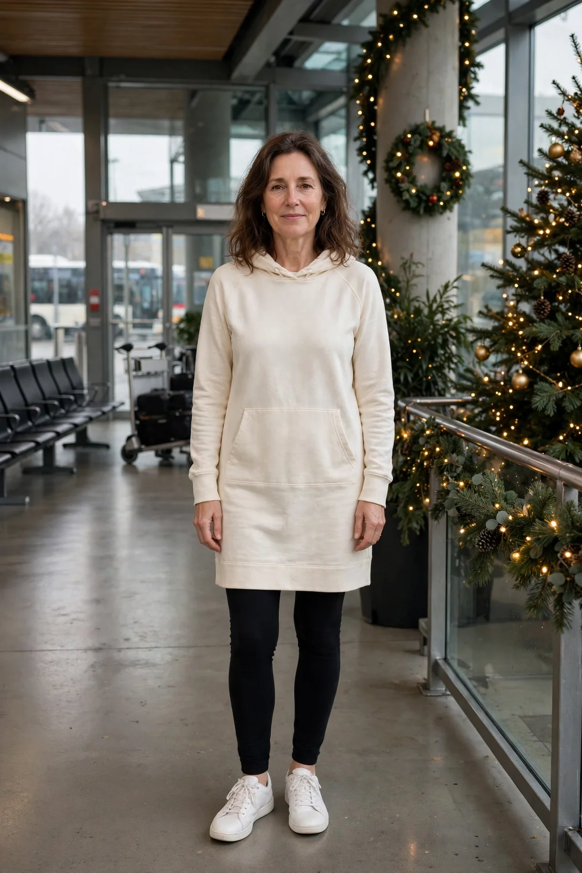 Woman in cream hoodie dress, leggings and white sneakers at a bus terminal at Christmas