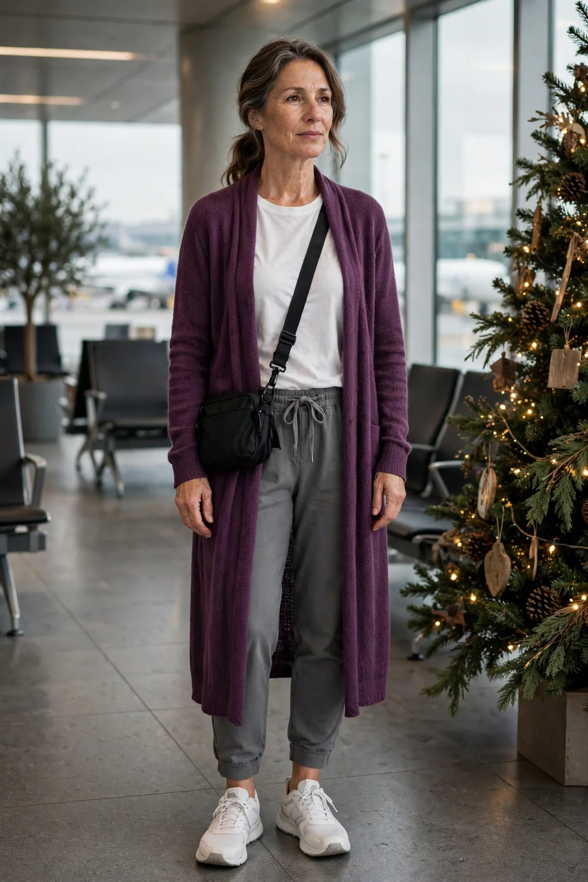 Woman in plum cardigan, white tee and gray joggers waiting at an airport gate