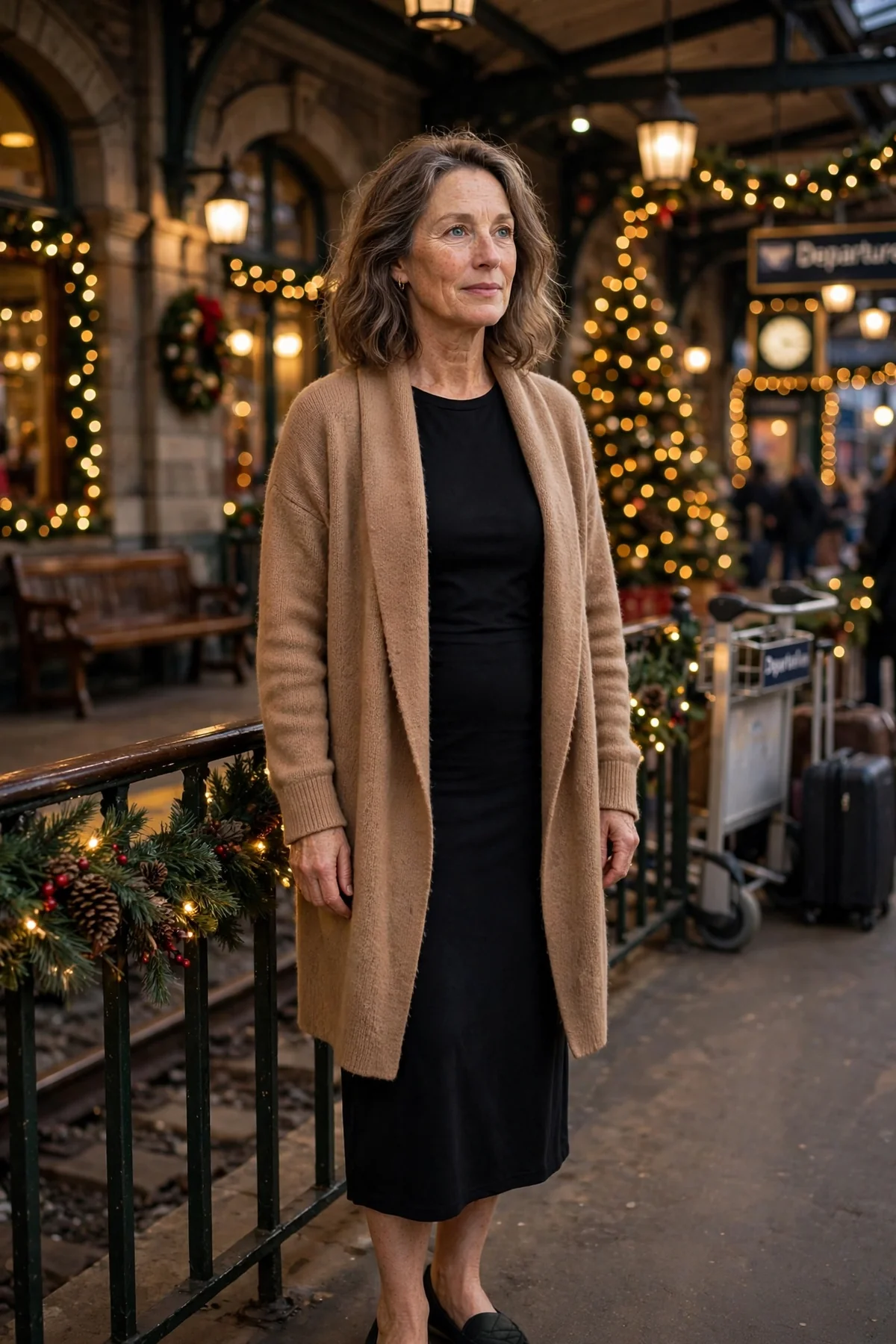 Woman in camel wrap cardigan and black jersey midi dress in a train station at Christmas