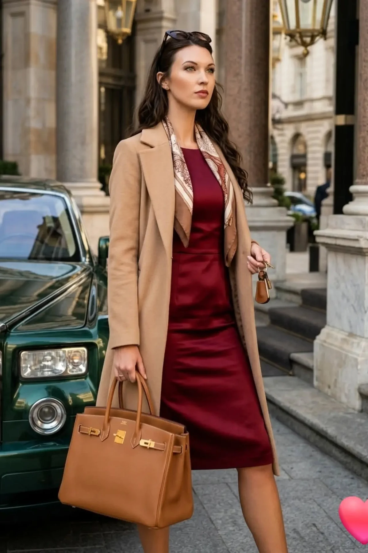 Woman in burgundy turtleneck, black ponte pants and camel coat in an airport concourse