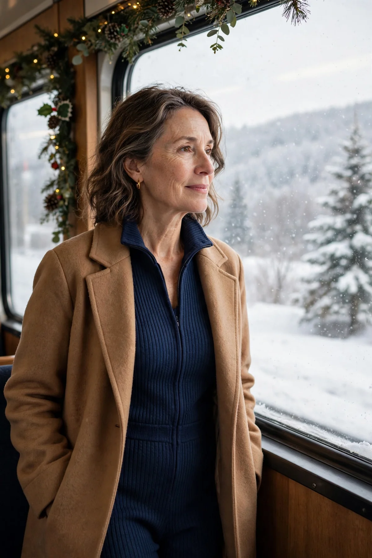 Woman in navy knit jumpsuit and camel coat standing at a train window at Christmas