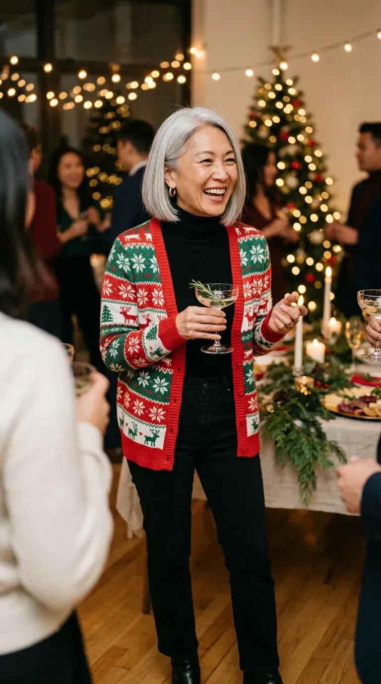Woman over 50 in novelty Christmas cardigan, black turtleneck and black jeans at a party