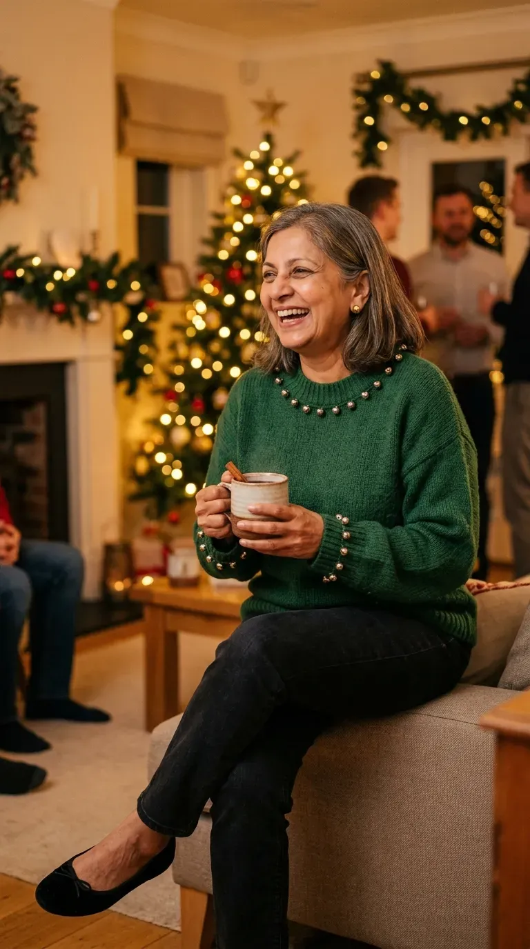 Woman over 50 in jingle bell sweater, dark jeans and velvet flats at a house party