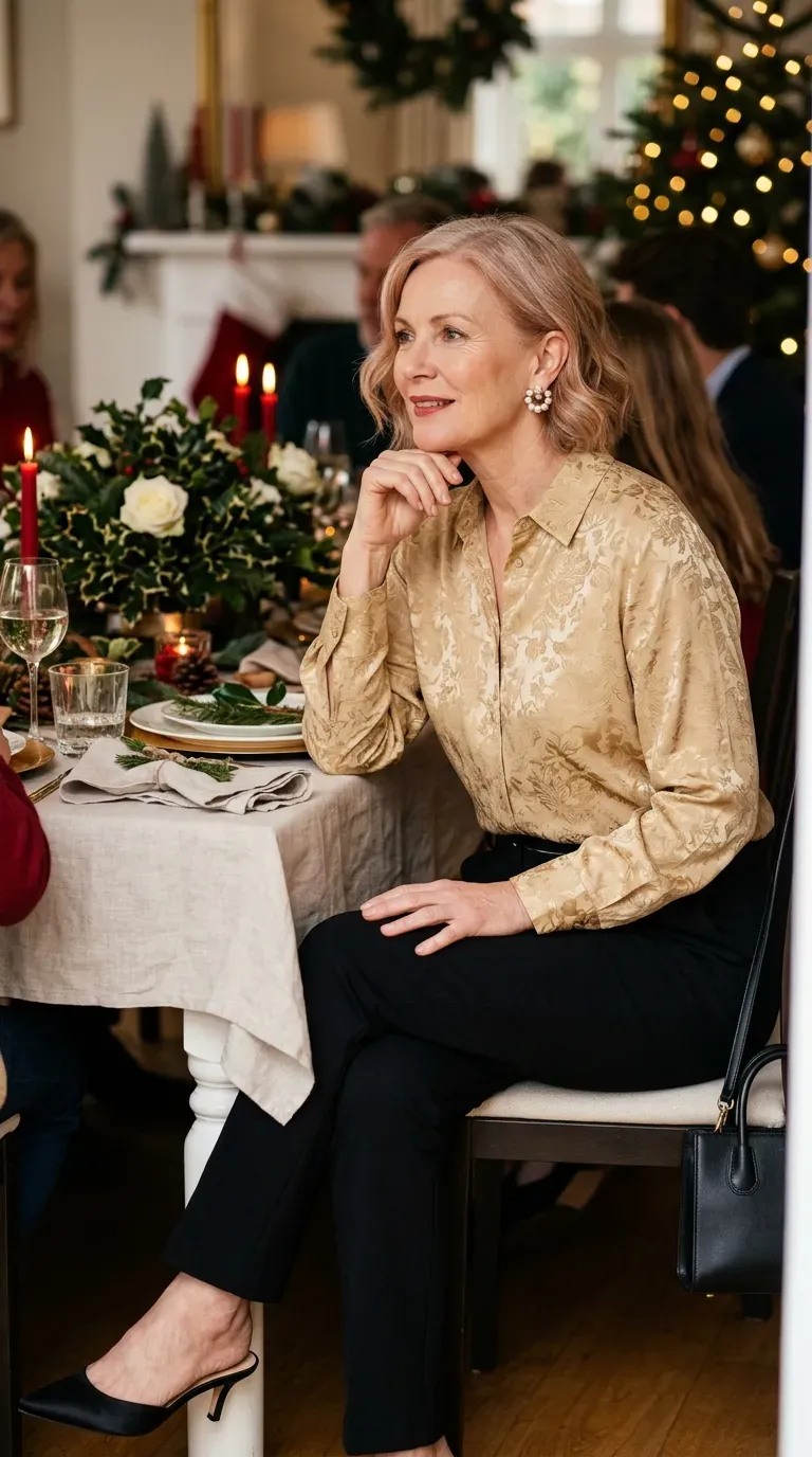 Woman over 50 in velvet burgundy slip skirt and cream roll-neck at a Christmas Day evening dinner