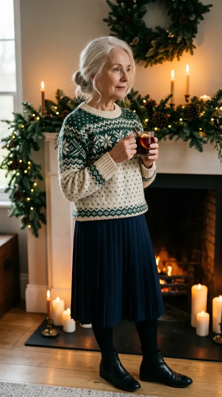 Woman over 50 in vintage novelty knit, navy pleated skirt and ankle boots at a festive gathering