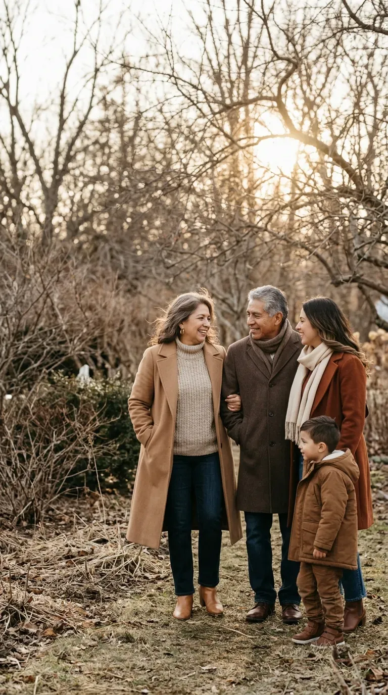 Woman over 50 in camel coat and tan sweater for a warm-tonal Christmas family photo