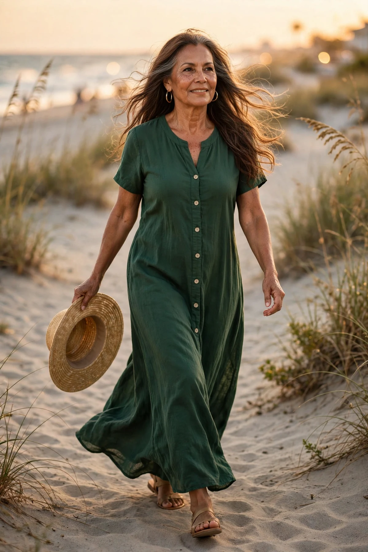 Woman in green cotton maxi dress and straw hat walking a beach path at Christmas