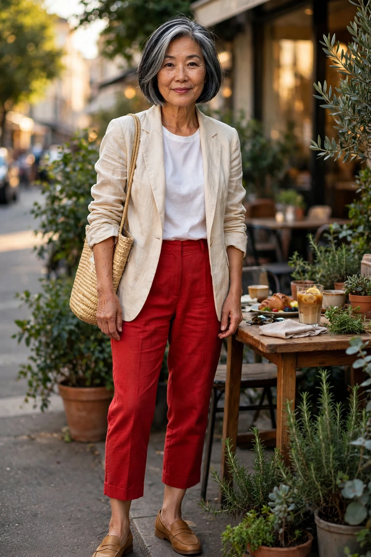 Woman in cream linen blazer, white tee and red cropped trousers at a sunny cafe