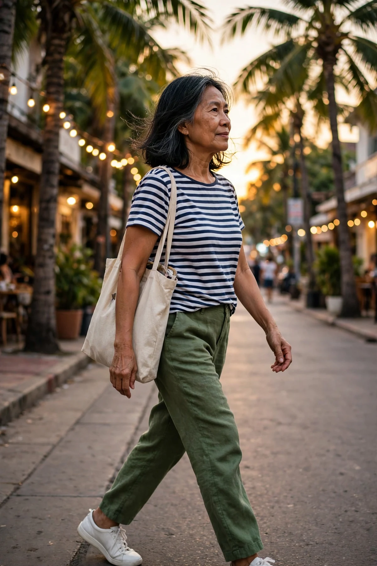 Woman in striped tee and green linen pants walking a palm-lined street at Christmas