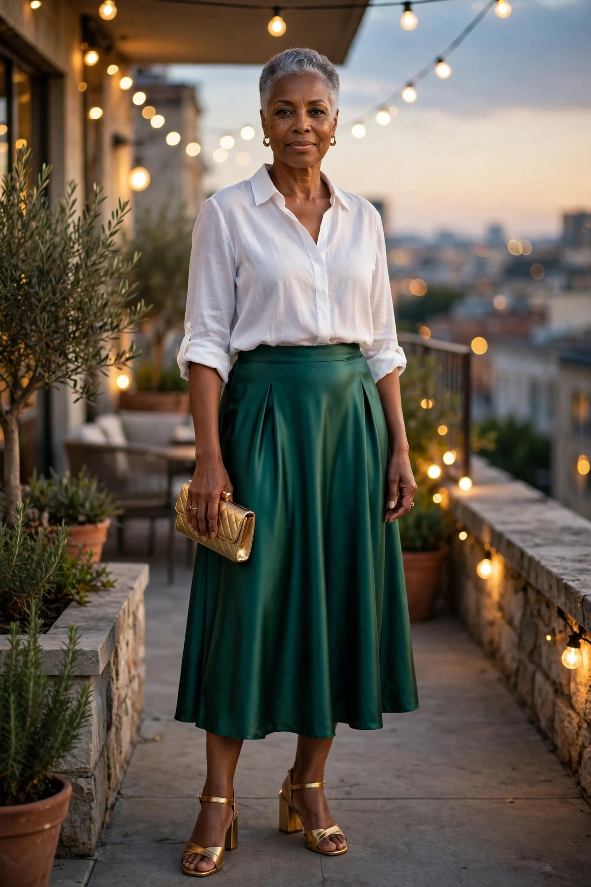 Woman in emerald satin midi skirt and white blouse on a terrace with string lights