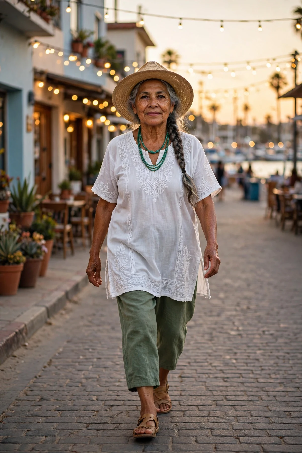 Woman in white cotton tunic and green linen crop pants on a beach town street