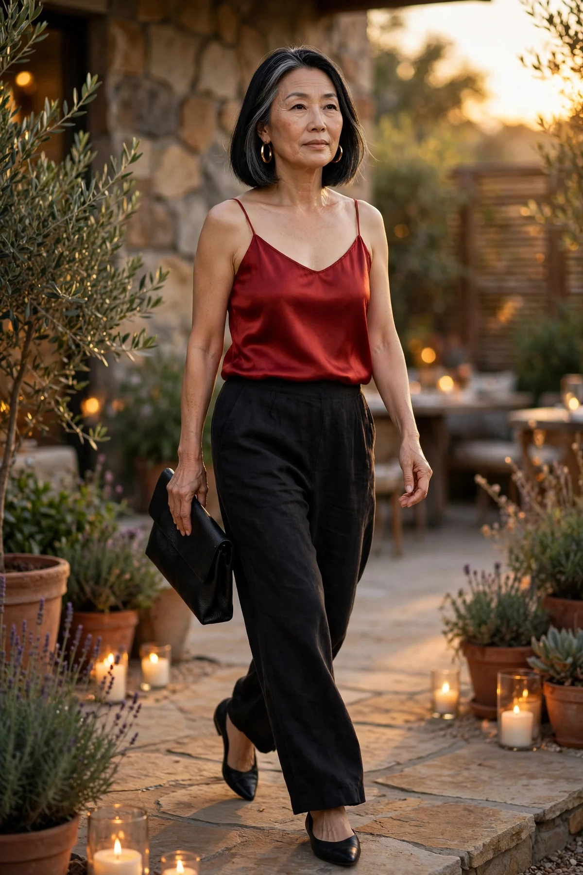 Woman in red silk camisole and black linen wide-leg pants at a candlelit patio