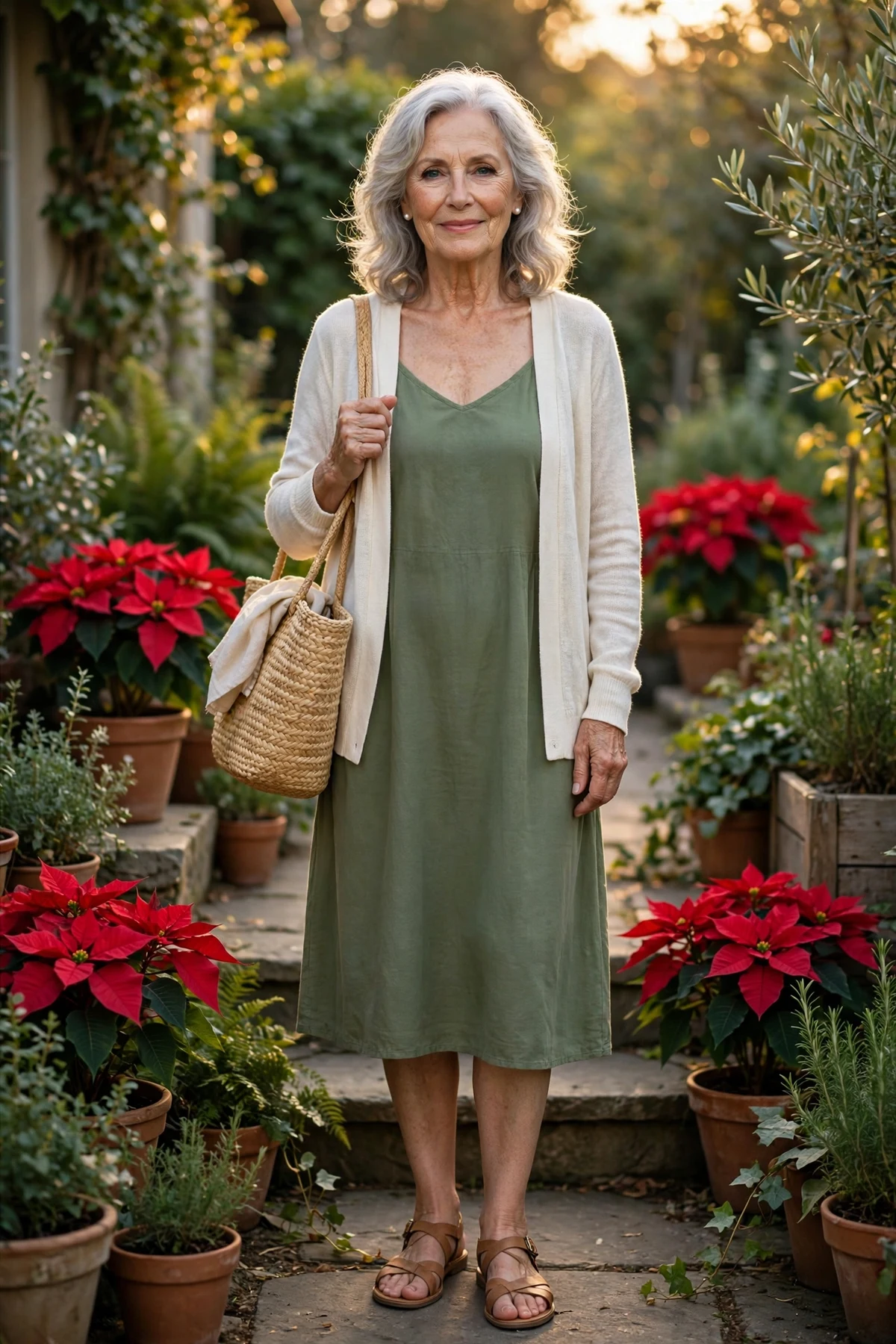 Woman in green sundress and cream cardigan in a sunlit garden with poinsettias