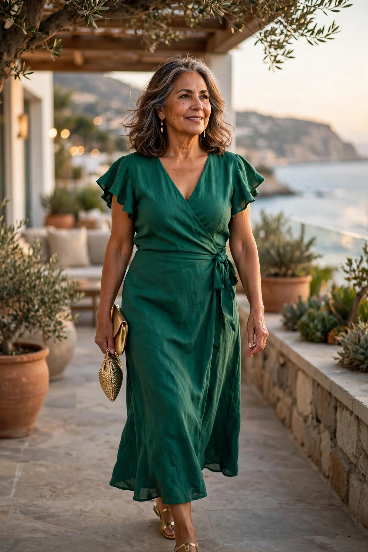 Woman in emerald wrap dress and gold sandals on a hotel terrace by the sea