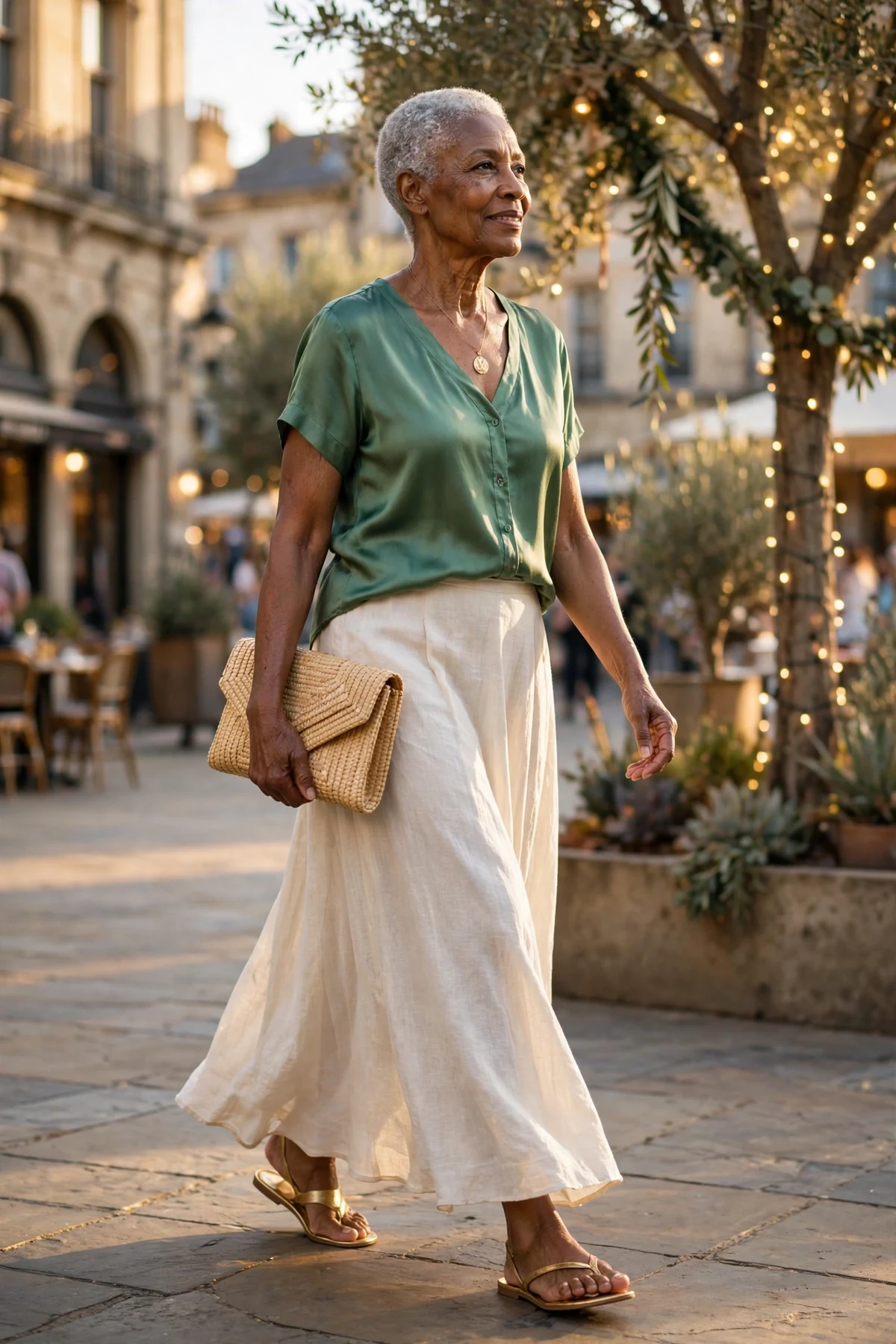Woman in cream linen maxi skirt and green silk top in a plaza with a Christmas tree