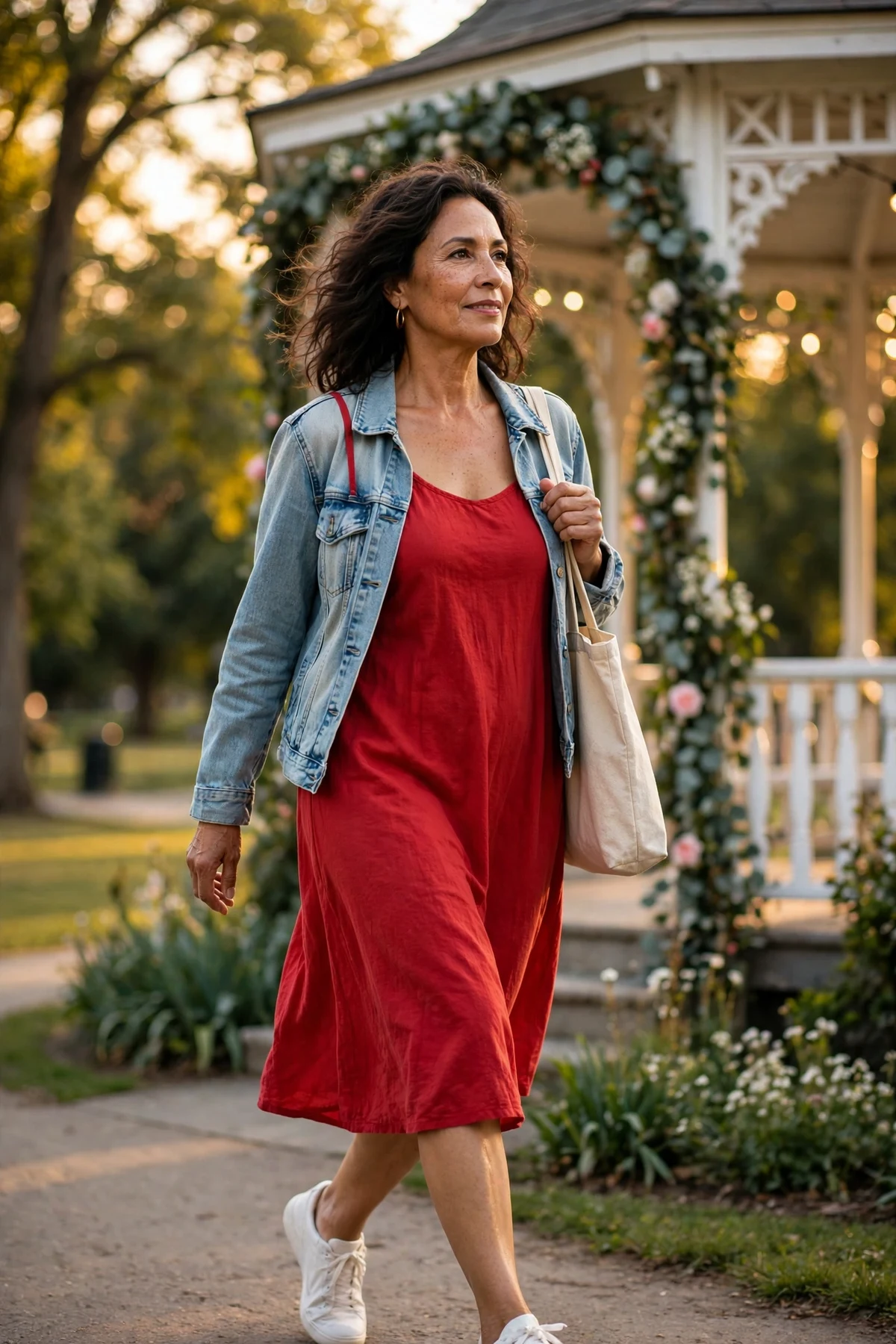Woman in red cotton sundress and denim jacket walking through a park with a decorated gazebo