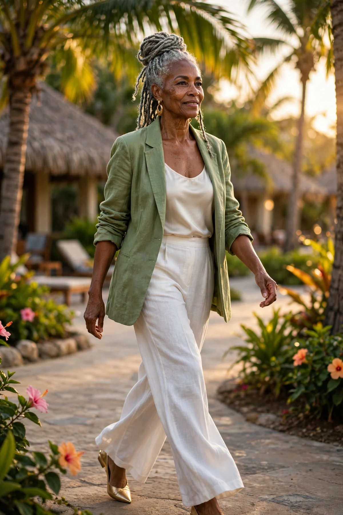 Woman in green linen blazer, cream tank and white trousers on a resort path at Christmas