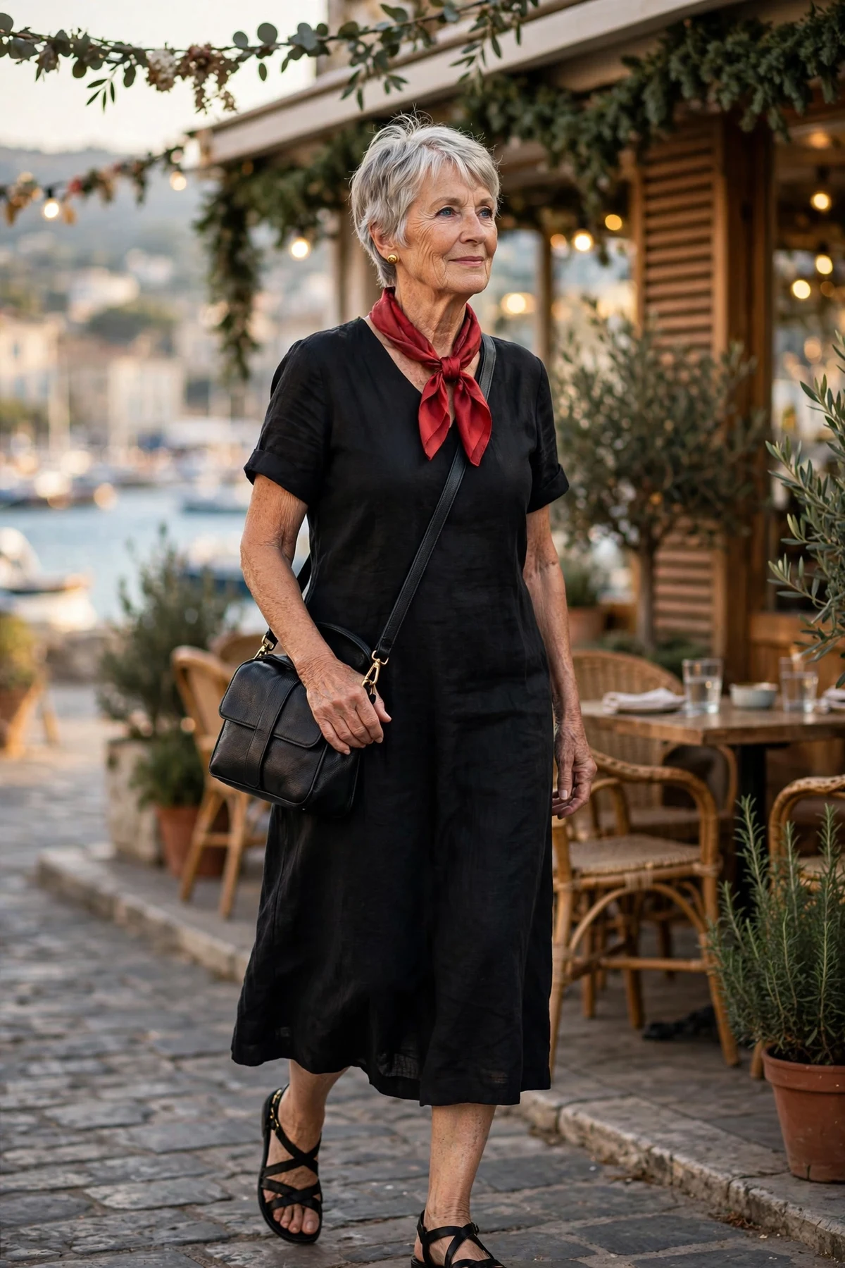 Woman in black linen midi dress and red silk scarf passing a seaside cafe with garlands