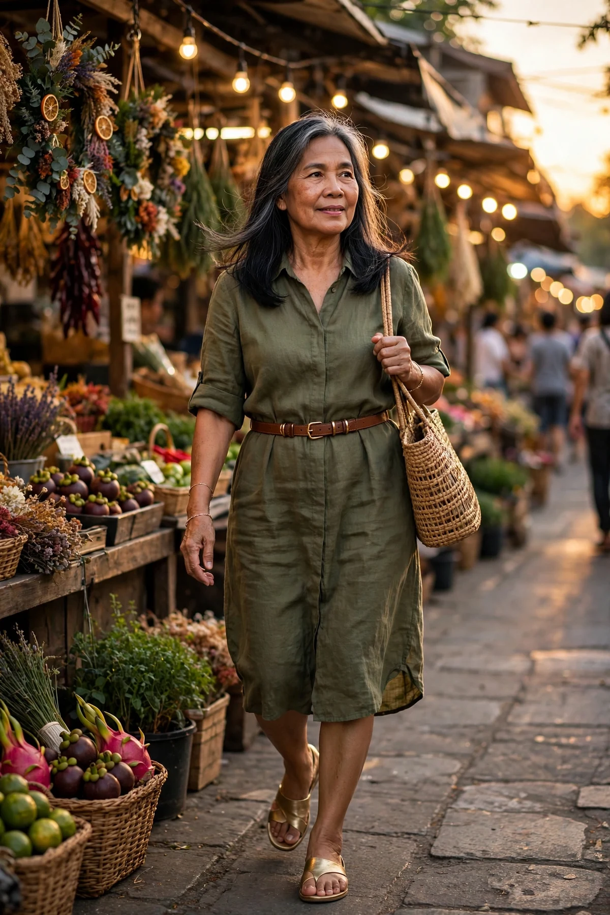 Woman in olive linen shirt dress and gold sandals walking through a market with wreaths