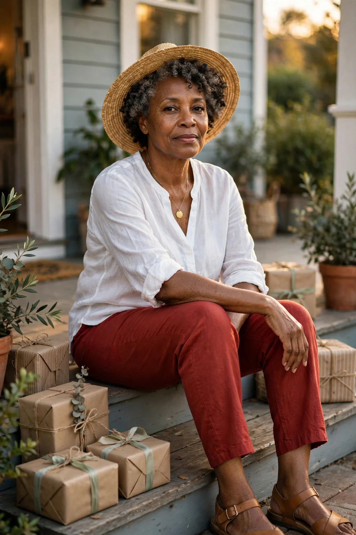 Woman in white cotton blouse and red linen pants on a sunny porch with wrapped gifts