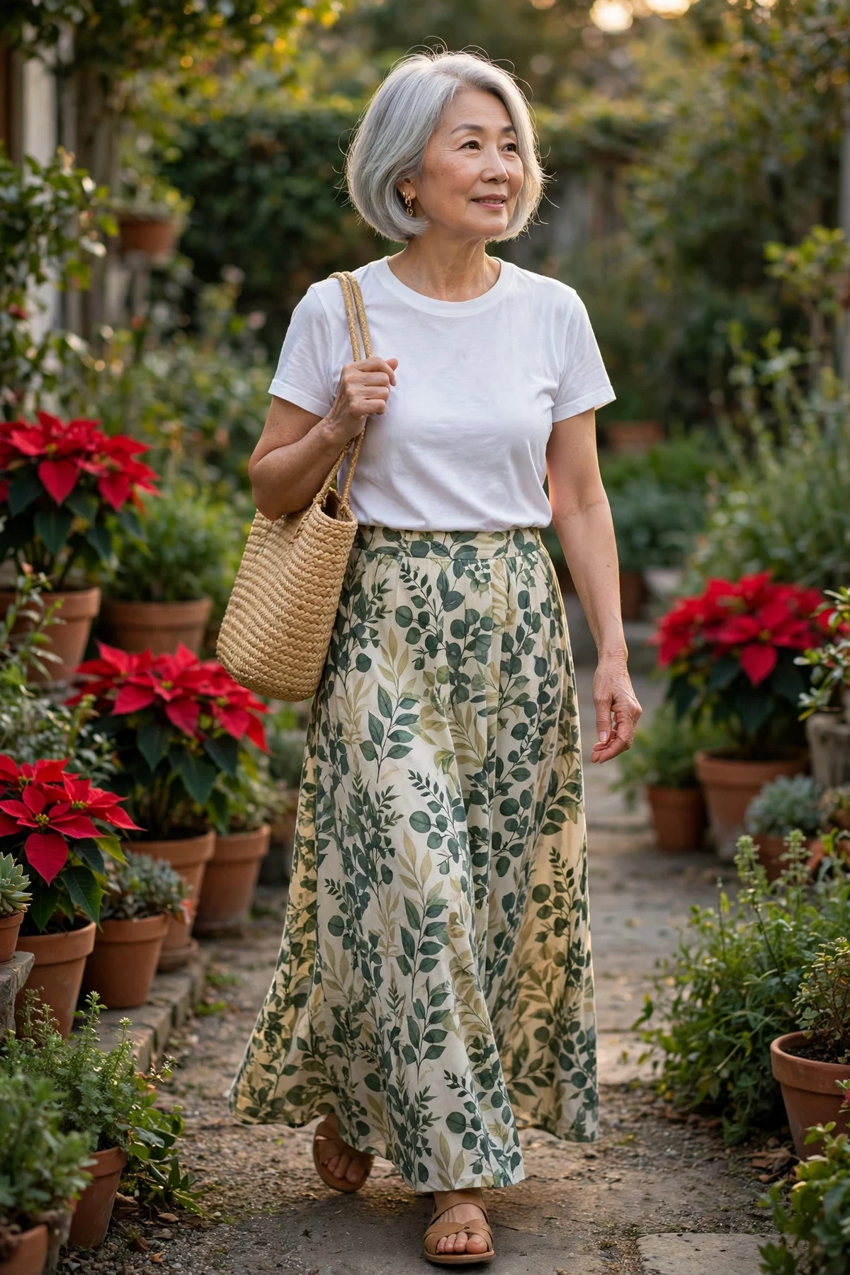 Woman in green botanical-print maxi skirt and white tee on a garden path with poinsettias