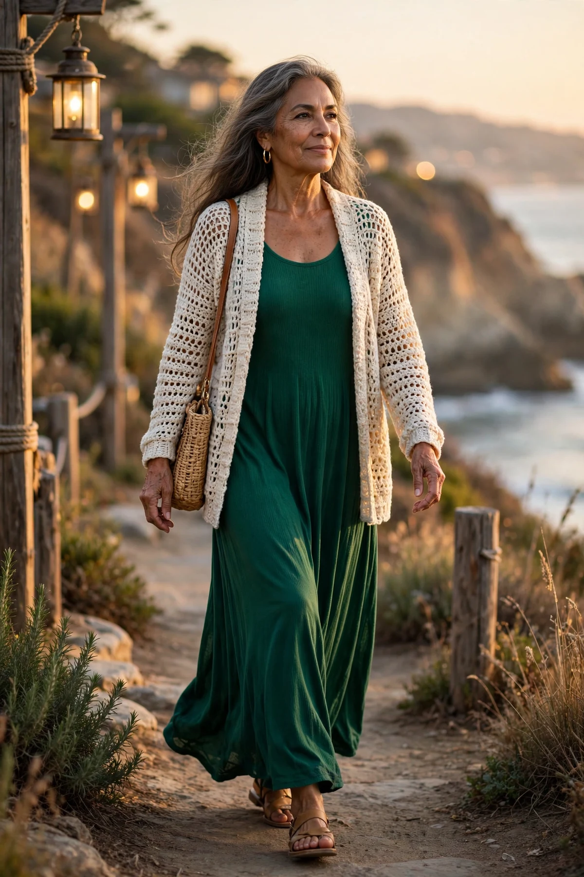 Woman in emerald maxi dress and cream crochet cardigan on a coastal path with lanterns