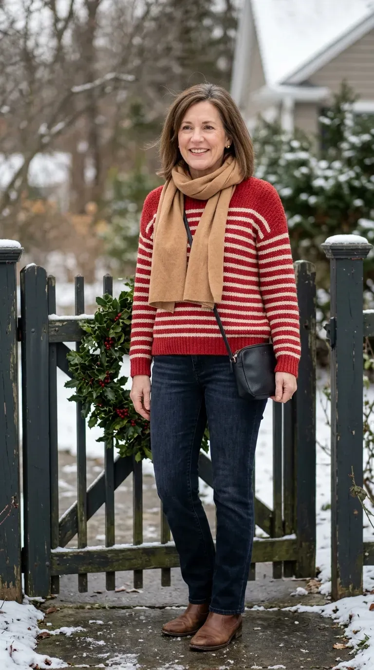 Woman over 50 in red and white stripe sweater, dark jeans and brown boots for a family photo