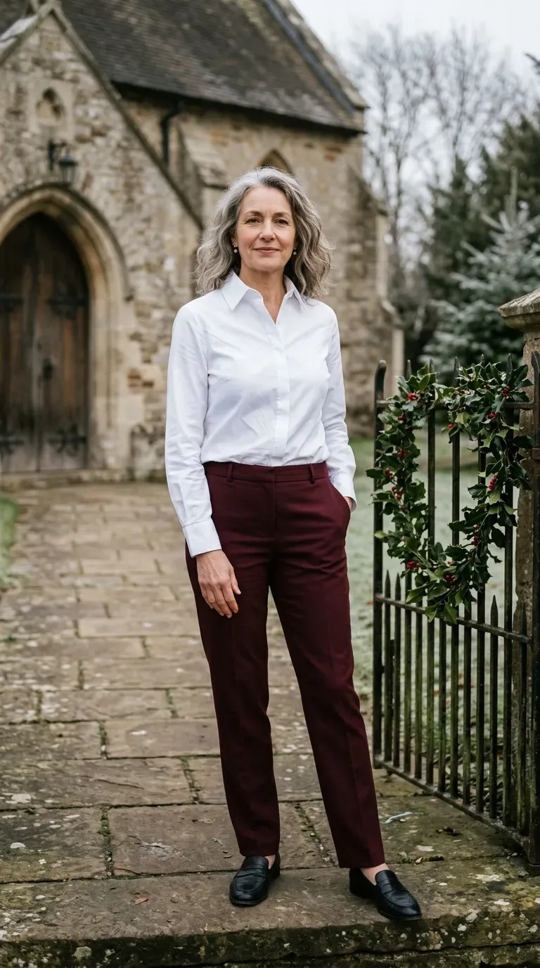 Woman over 50 in white shirt, burgundy trousers and black loafers for a Christmas card