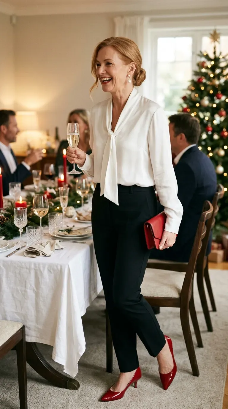 Woman over 50 in white silk blouse and black slim trousers with red kitten heels at Christmas Day lunch
