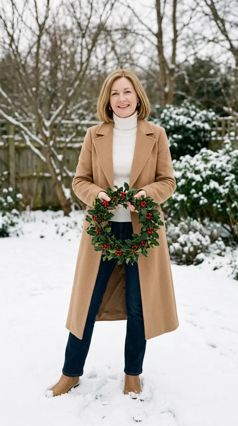 Woman over 50 in white turtleneck, dark jeans and camel coat for a Christmas card
