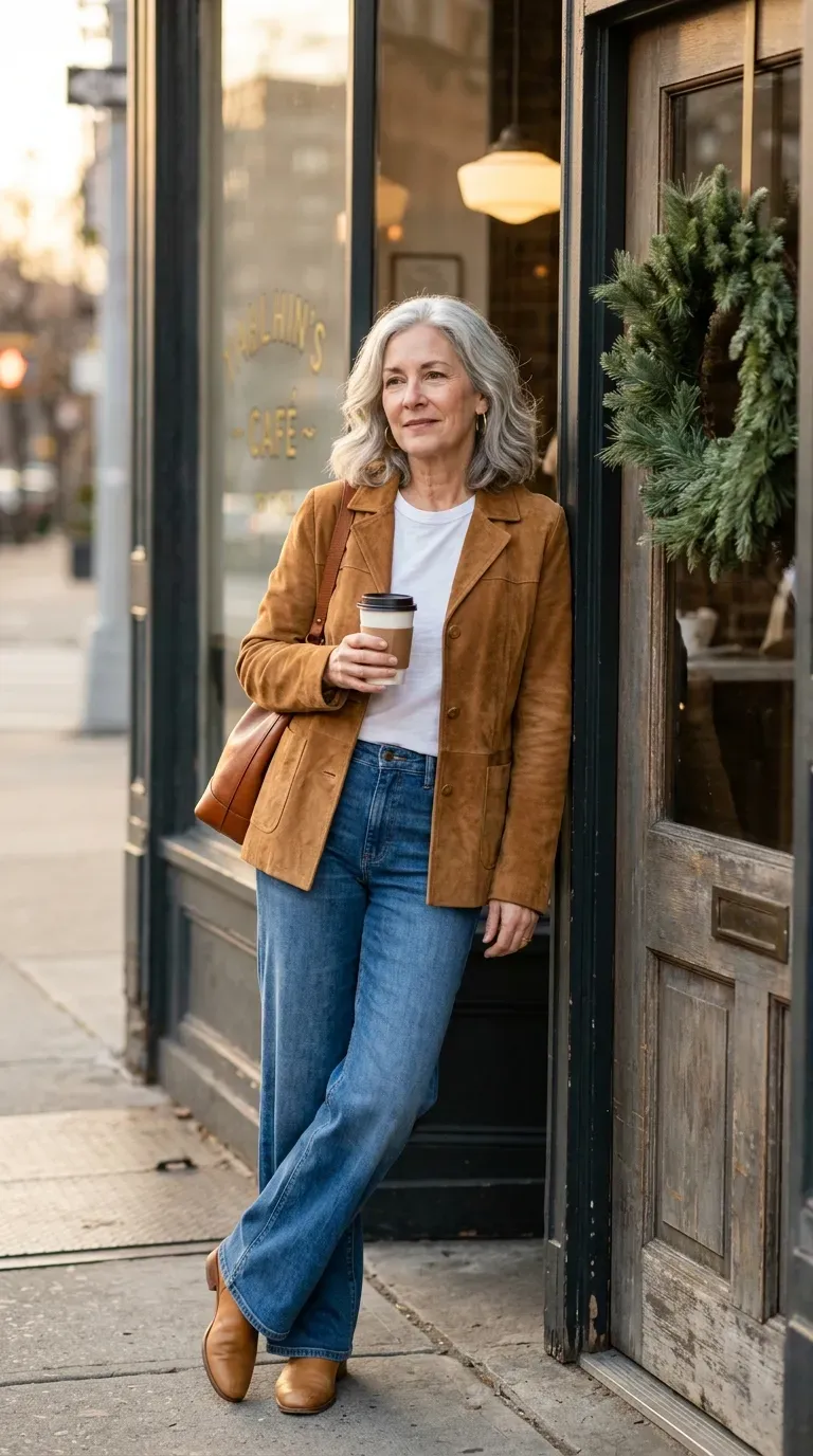 Woman over 50 in wide-leg jeans, white tee and camel suede jacket