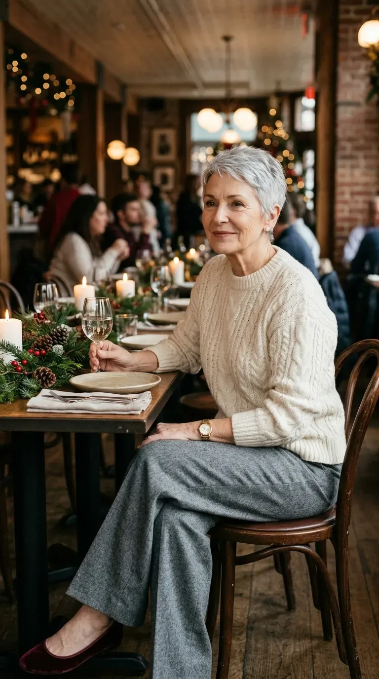 Woman over 50 in wide-leg trousers, cream knit and velvet flats