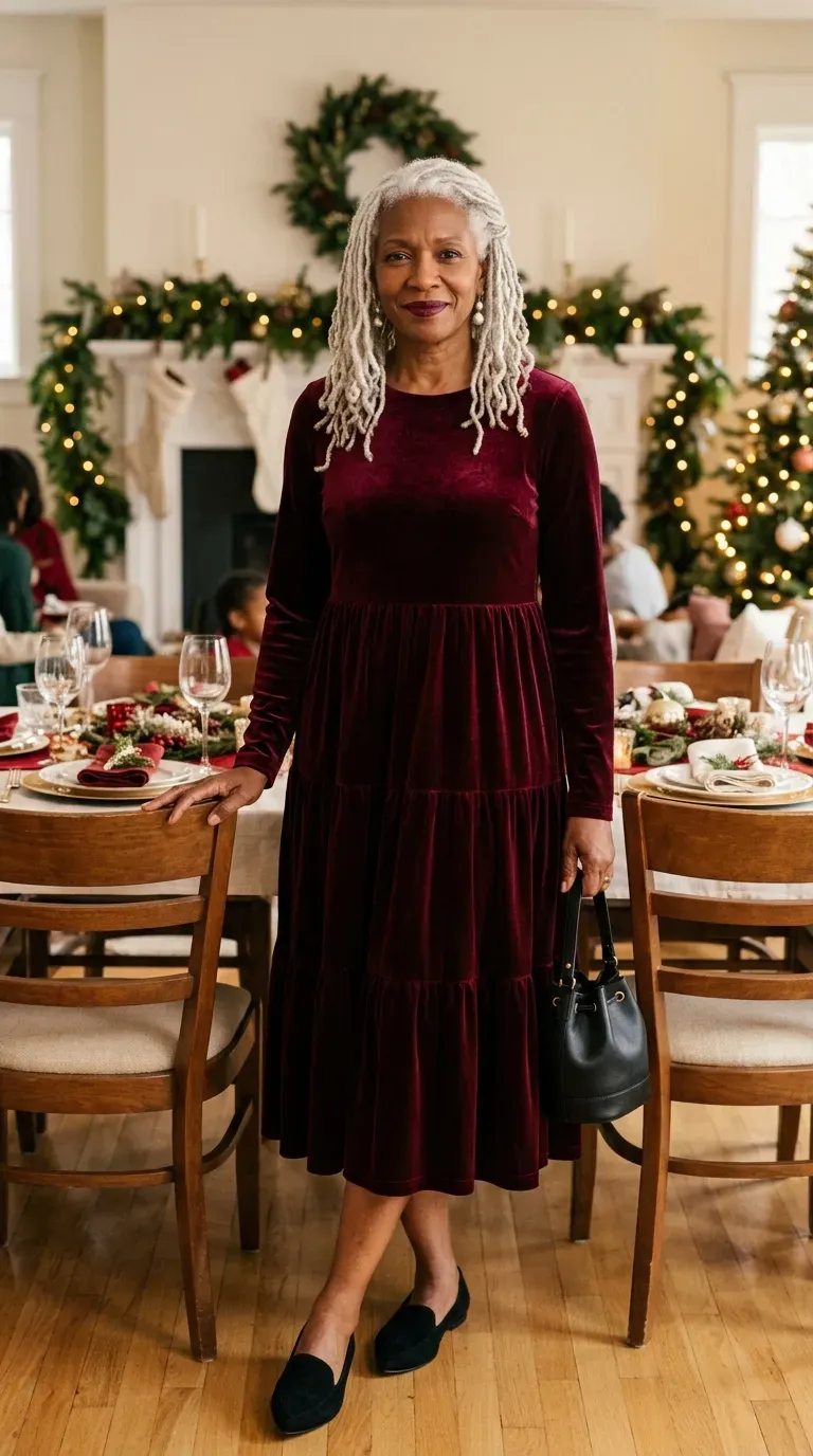 Woman over 50 in wine red velvet tiered midi dress and black suede loafers at a Christmas family lunch