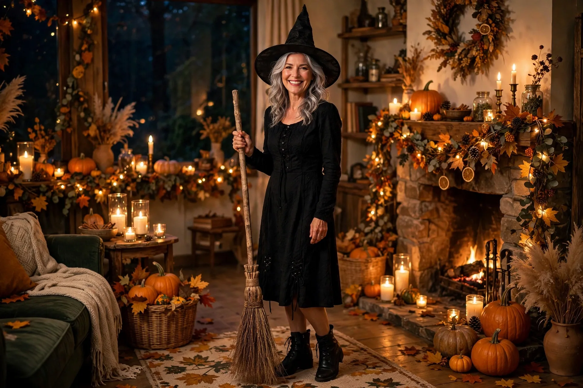 Woman over 50 in a black dress and pointed witch hat holding a broom, a classic last minute witch Halloween costume