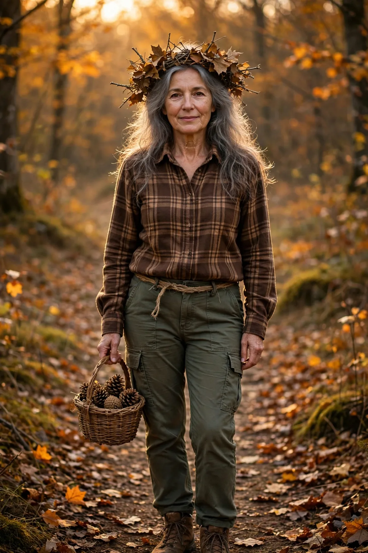 Woman over 50 in olive cargo pants and a leafy twig crown, a woodland witch Halloween costume idea