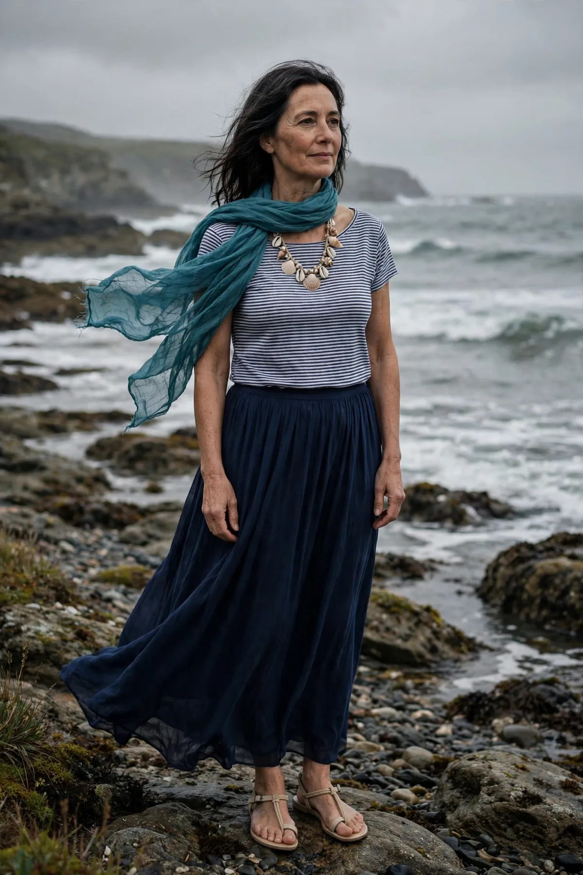 Woman over 50 in a striped top and navy maxi skirt with a seashell necklace, a sea witch Halloween costume