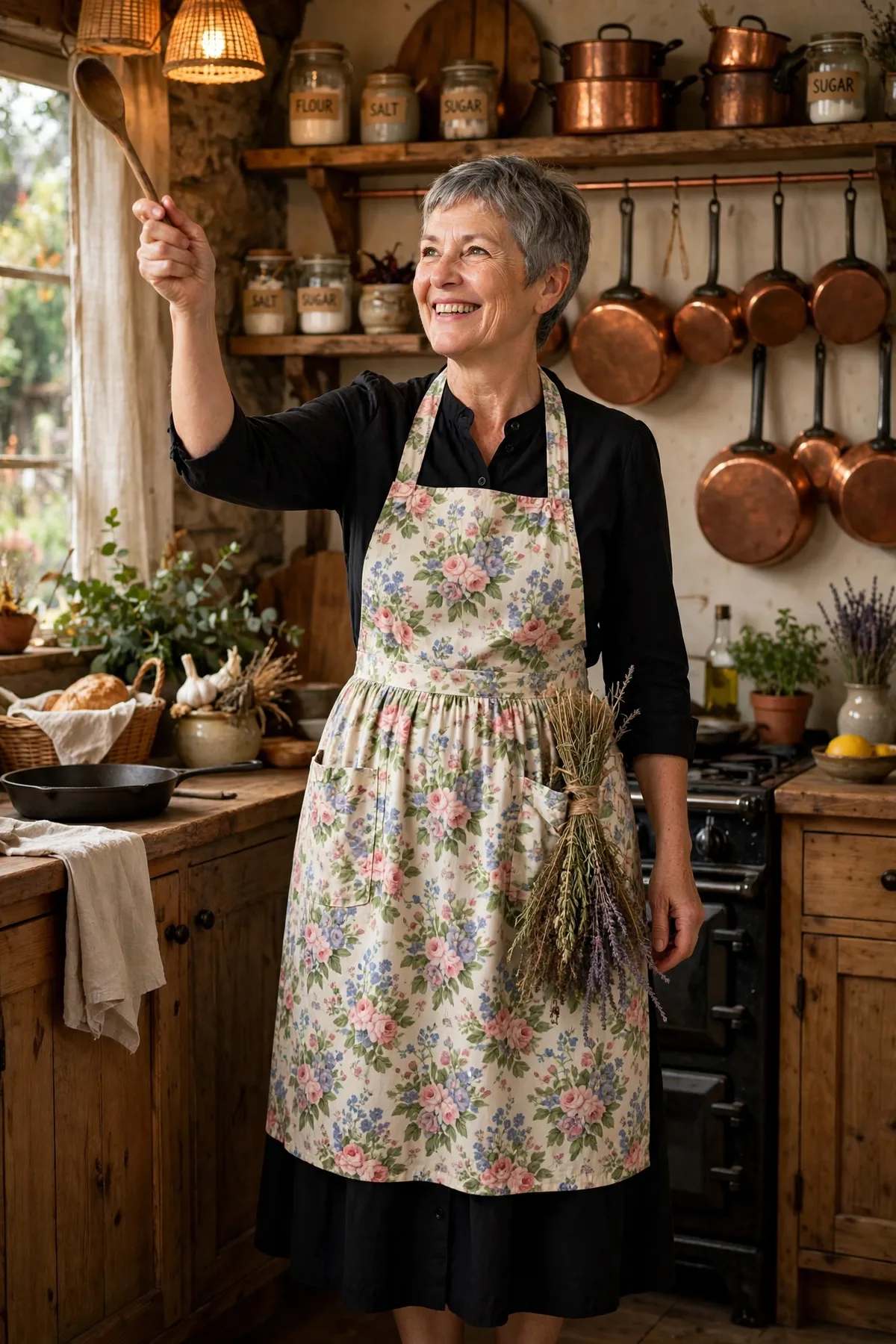 Woman over 50 in a black dress and floral apron holding a wooden spoon, a kitchen witch Halloween costume idea