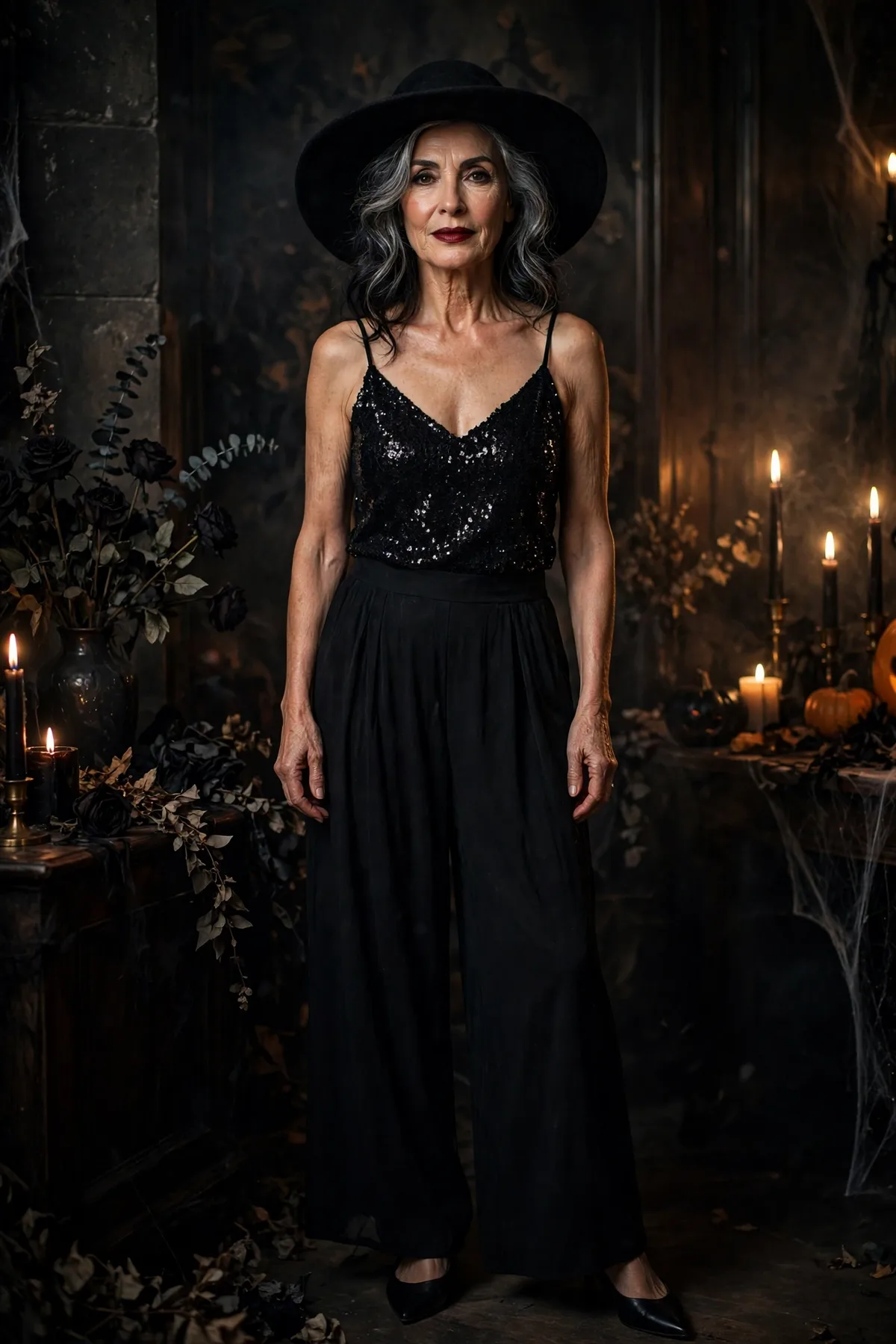Woman over 50 in a black sequin top and palazzo pants with a wide-brim hat, a glamorous witch Halloween costume
