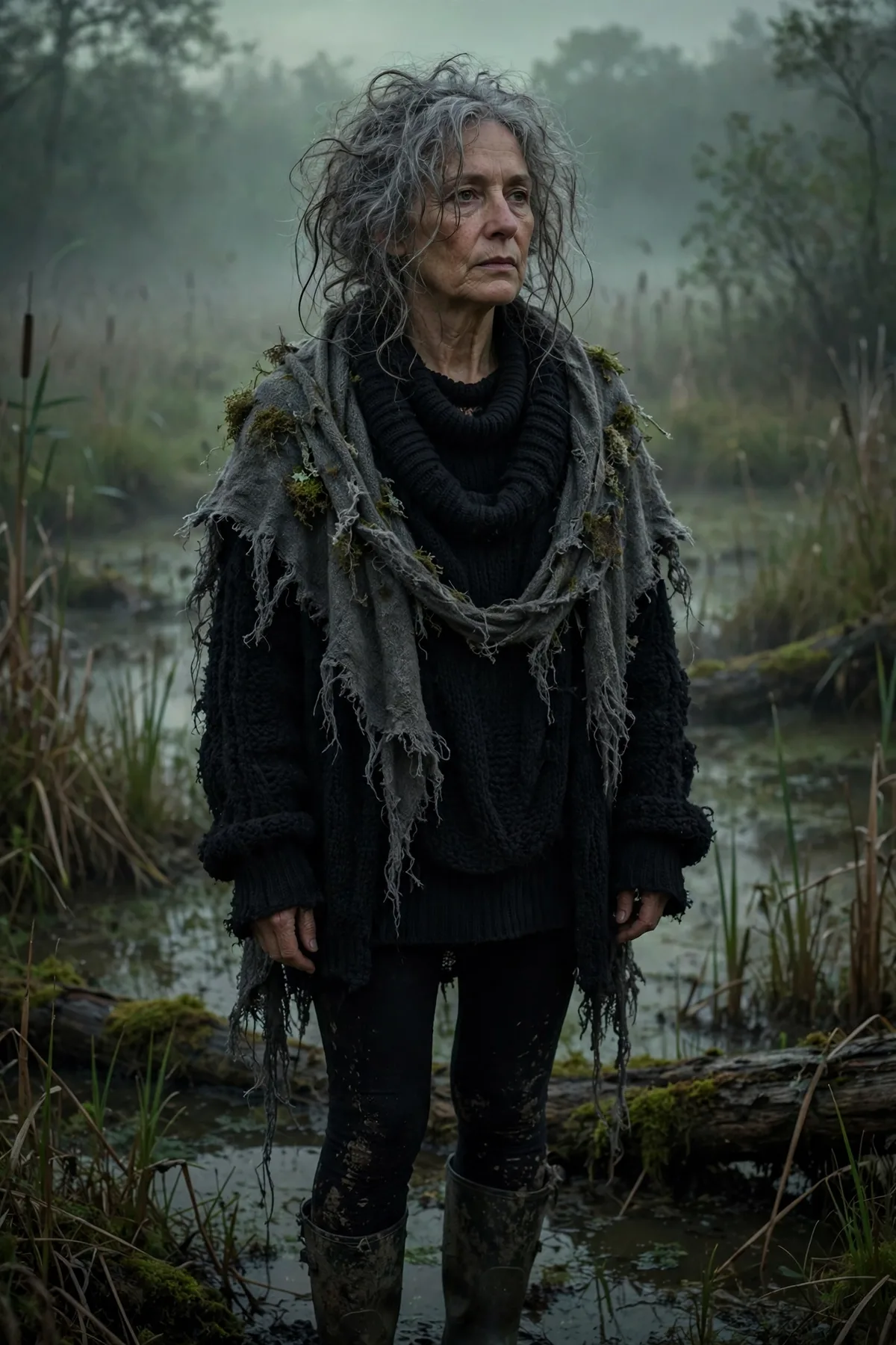 Woman over 50 in layered black knits and a gray shawl with moss, a creepy swamp witch Halloween costume