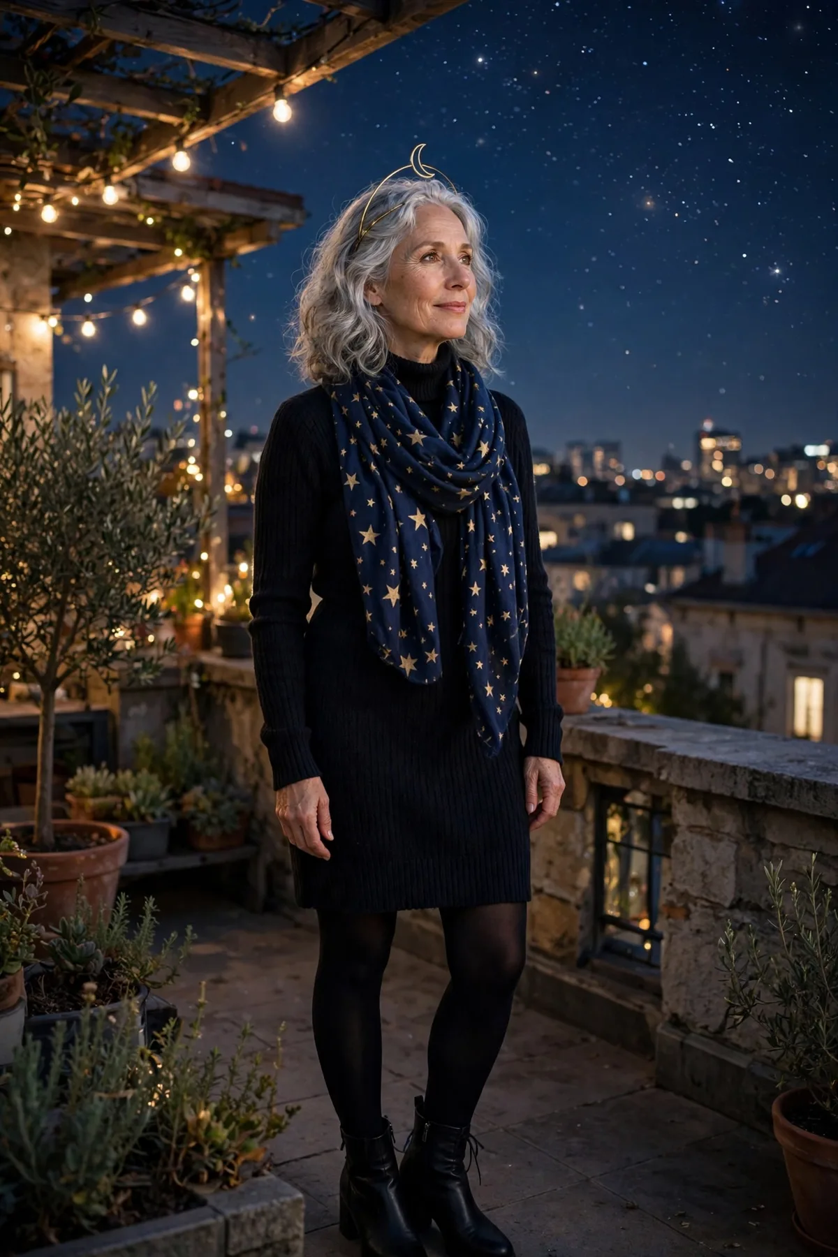 Woman over 50 in a black sweater dress with a star scarf and moon headband, a starry night witch Halloween costume