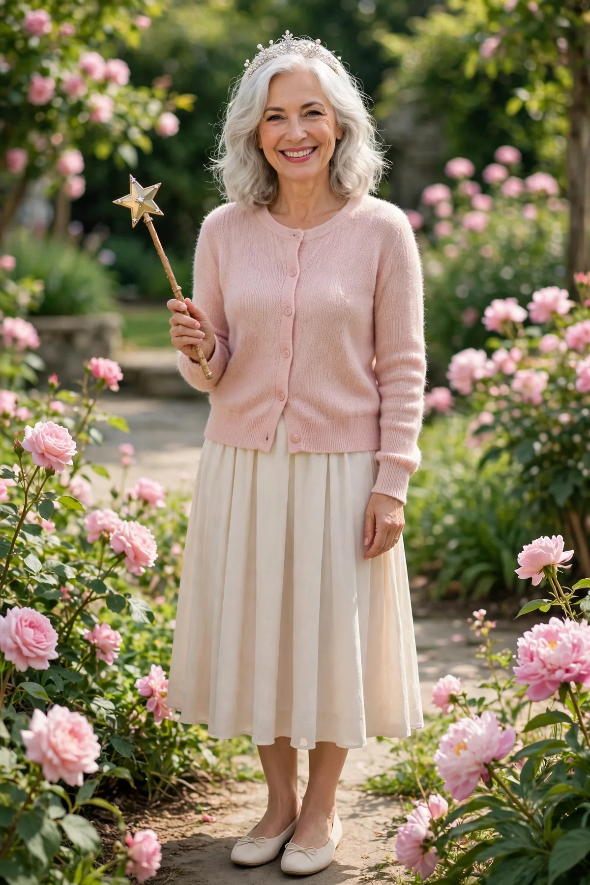 Woman over 50 in a blush cardigan and cream skirt with a wand, a good witch Halloween costume idea