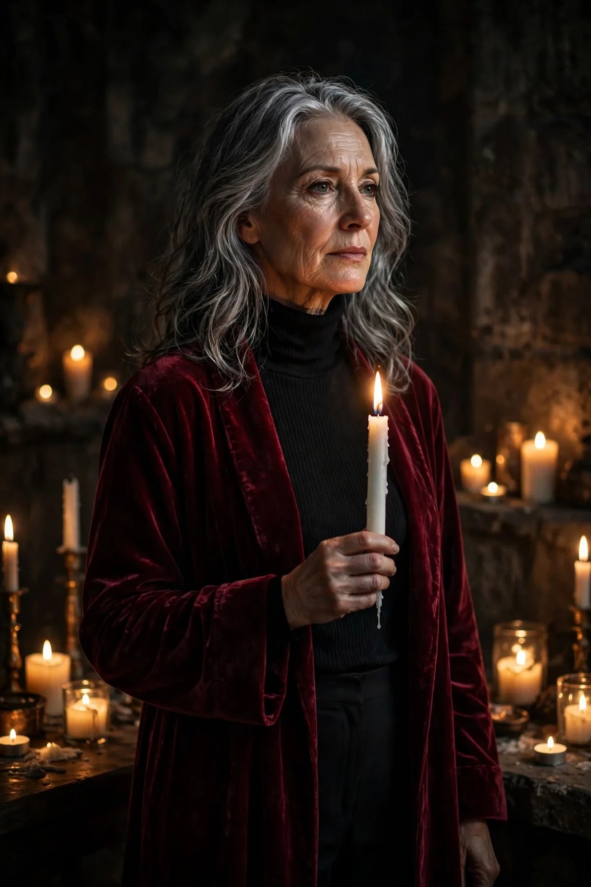 Woman over 50 in a black turtleneck and burgundy velvet robe holding a candle, a ritual witch Halloween costume