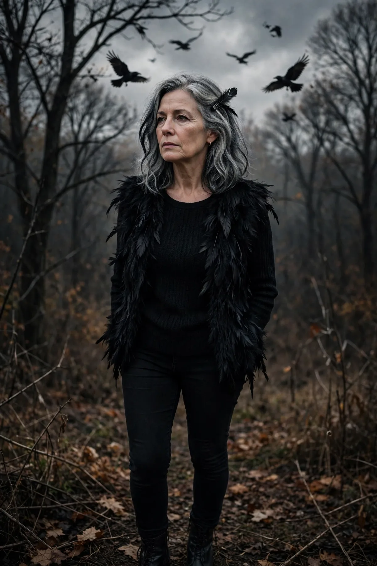 Woman over 50 in a black feather vest and black jeans, a crow witch Halloween costume idea