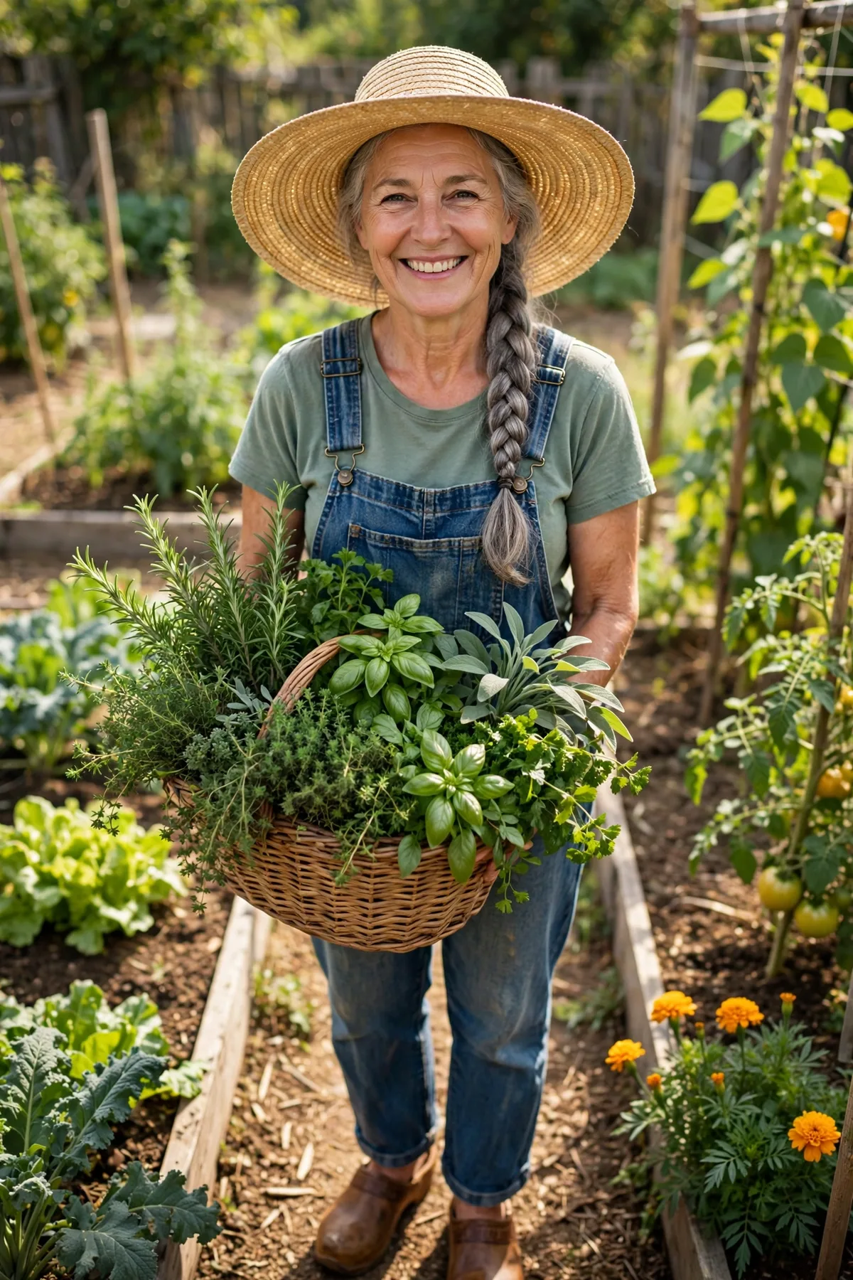 Woman over 50 in denim overalls and a straw hat carrying herbs, a garden witch Halloween costume